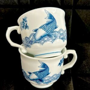 Koi Fish ceramic Coffee Mugs 2pc 6 oz Chinoiserie Blue & White